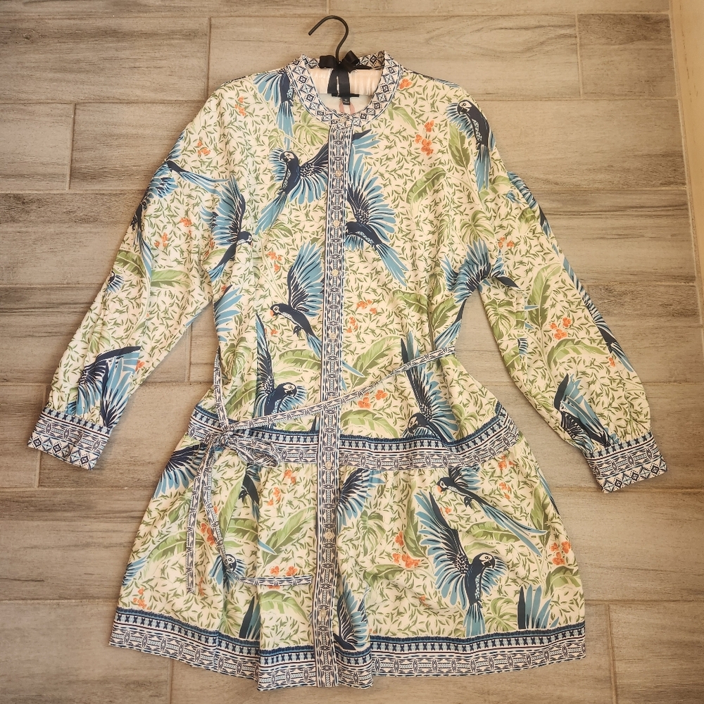 Alex Marie Mini Dress 18 Green Tropical Perrot Print Wren White Lotus New $170 - Picture 1 of 12